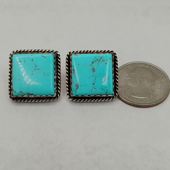 Joan Slifka Square Turquoise and Sterling Silver Post Back Earrings - Picture 3 of 5